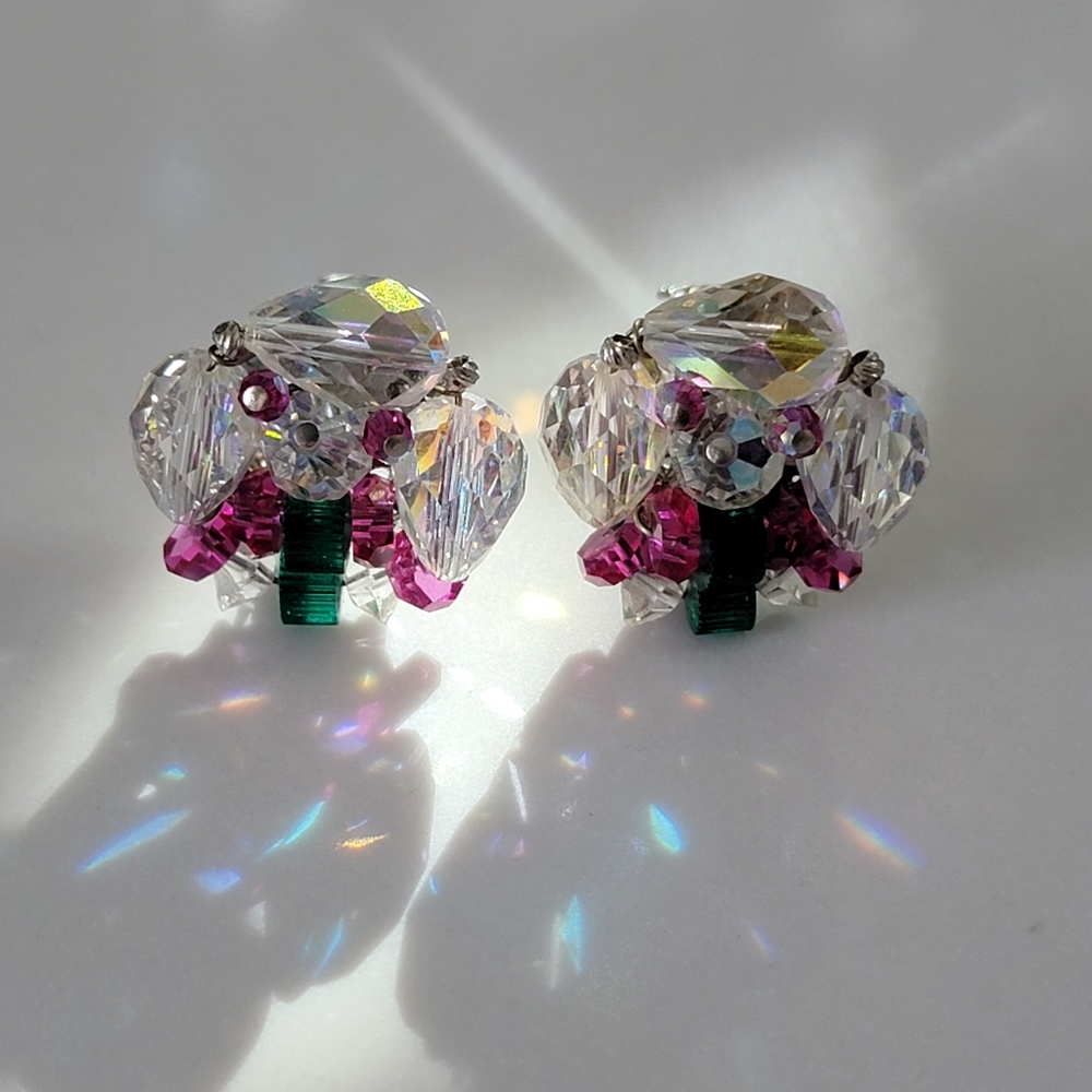 Vendome Earrings Aurora Borealis Clip Tension Vintage Earrings